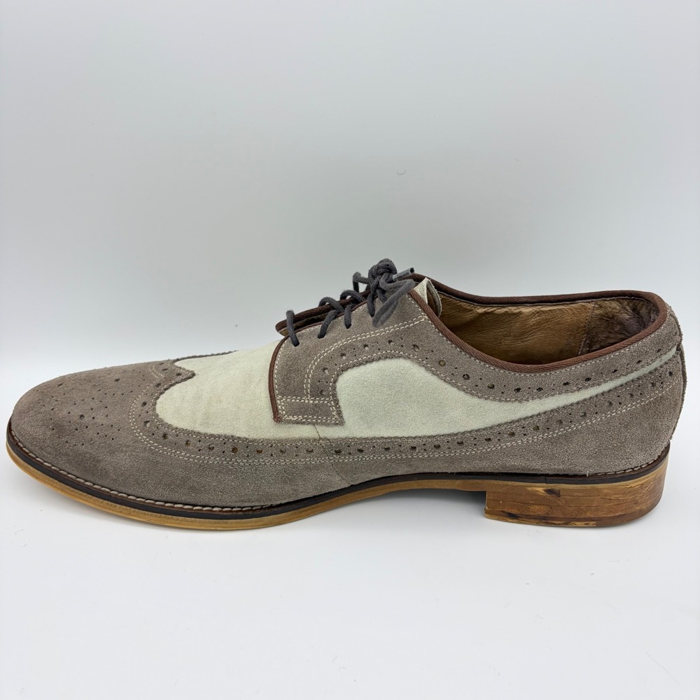 Johnston & Murphy Mens 13 Suede Wingtip Oxford Shoes Taupe Cream Brogue Preppy - Picture 8 of 11